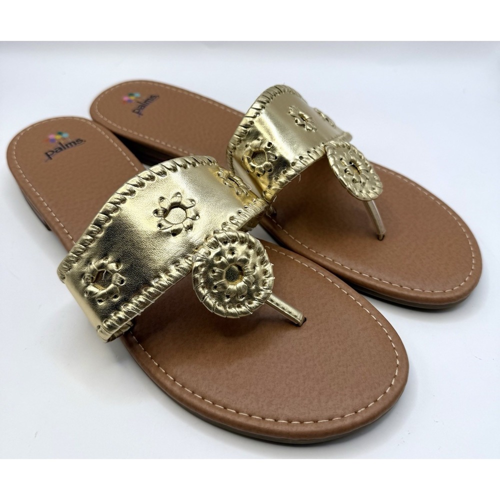 Palms Slip-On Flat Sandals Shoes Sz 12 Gold Beach Medallion Accent Boho